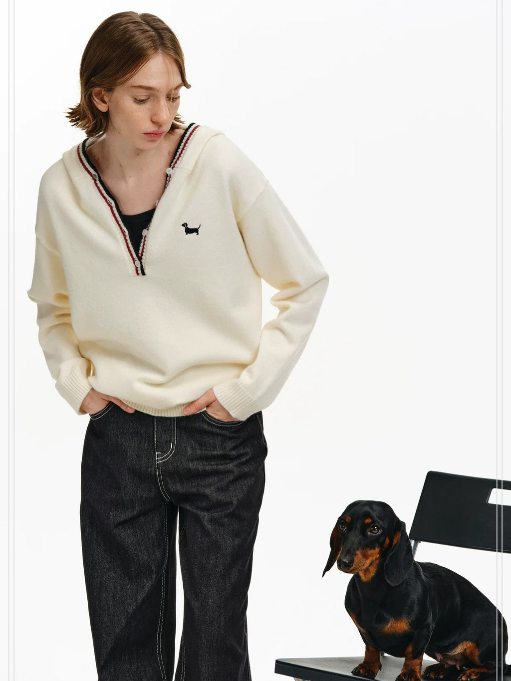 PCLP Soft Breathable Button V Neck Colorblock Hooded Midlength Unisex Knit Sweater