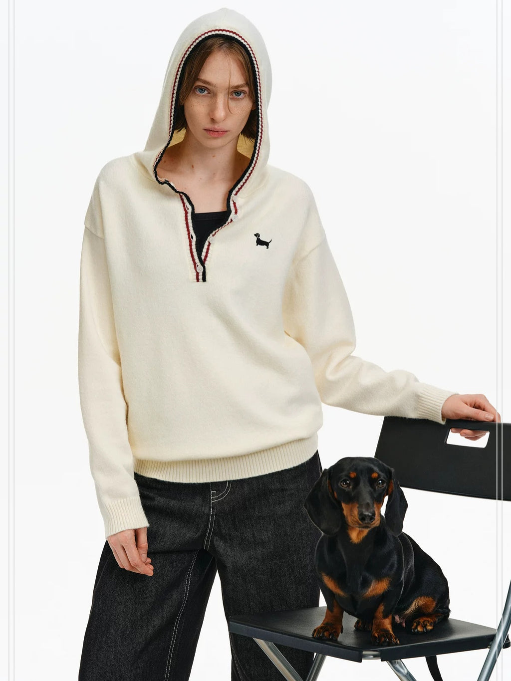PCLP Soft Breathable Button V Neck Colorblock Hooded Midlength Unisex Knit Sweater