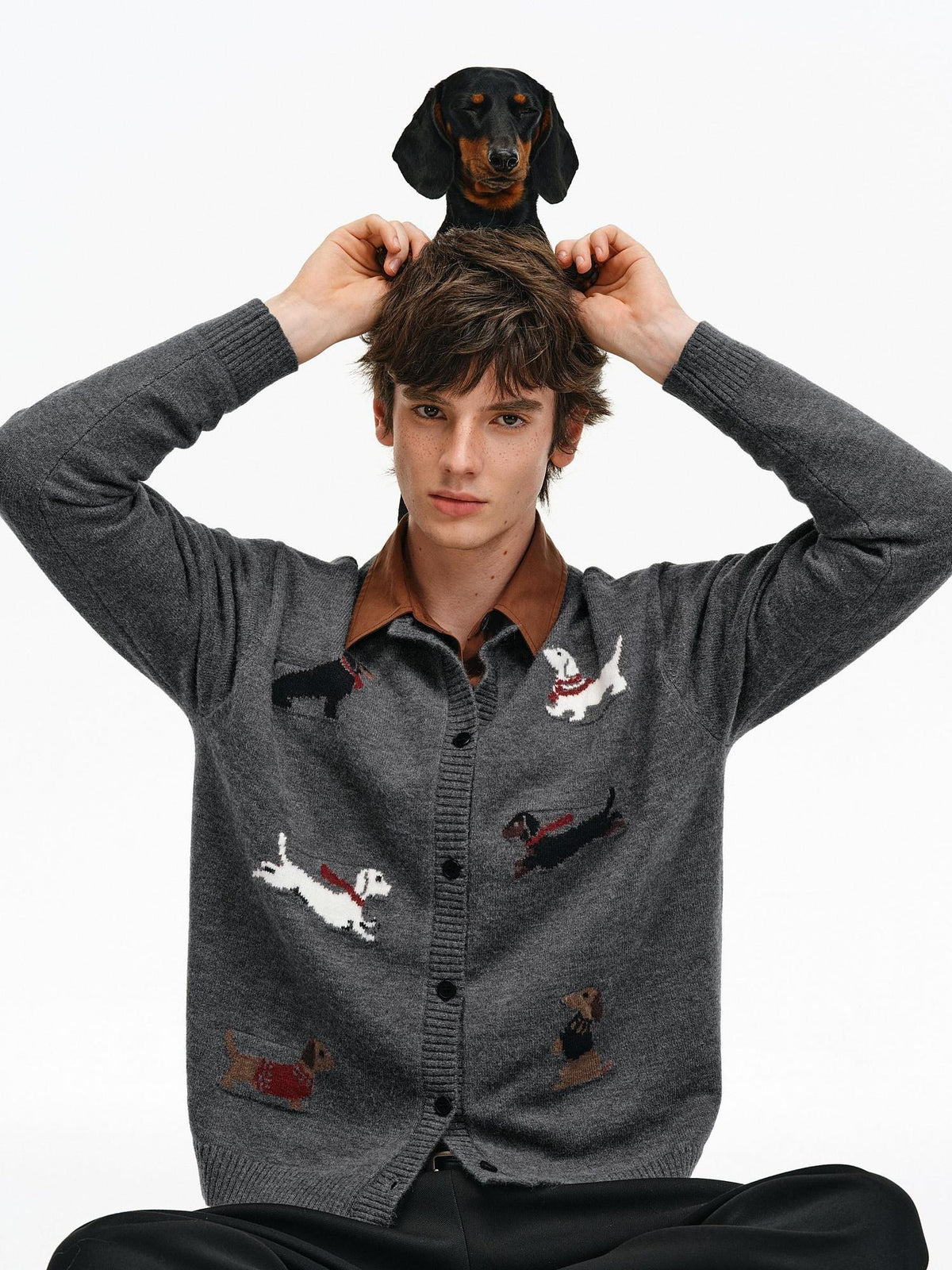 PCLP Soft Buttoned Colorblock Allover Print Loose Fit Unisex Crewneck Dog Sweater