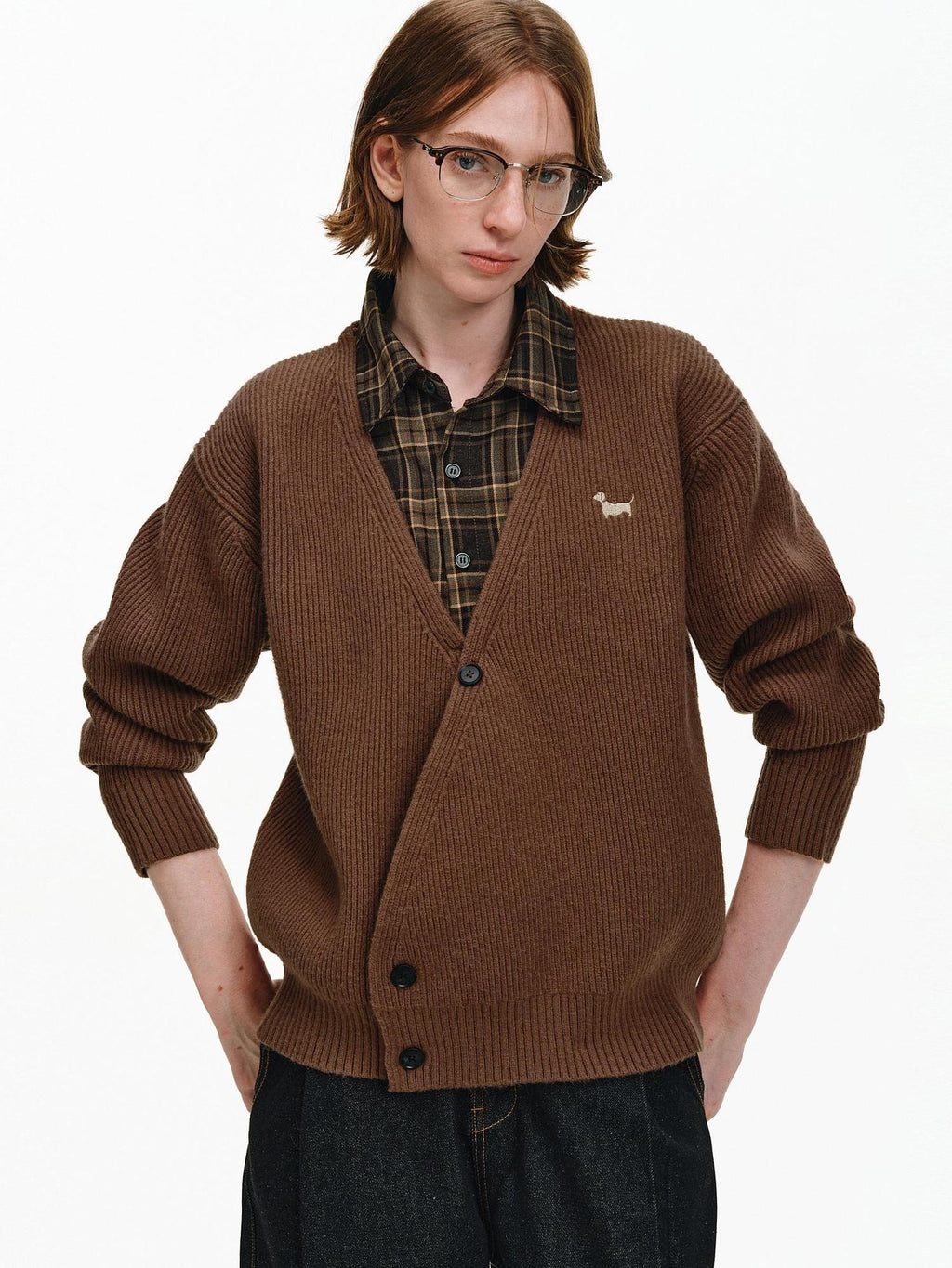 PCLP Soft Buttoned Patchwork Check Shirt Collar Loose Fit Unisex Daily Sweater