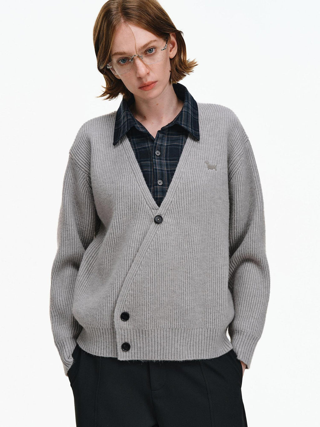 PCLP Soft Buttoned Patchwork Check Shirt Collar Loose Fit Unisex Daily Sweater