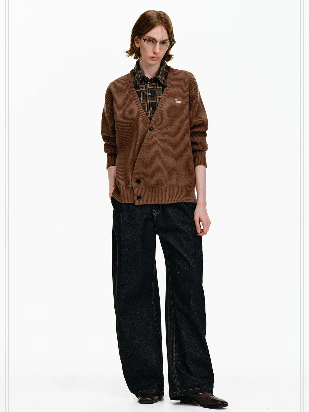 PCLP Soft Buttoned Patchwork Check Shirt Collar Loose Fit Unisex Daily Sweater