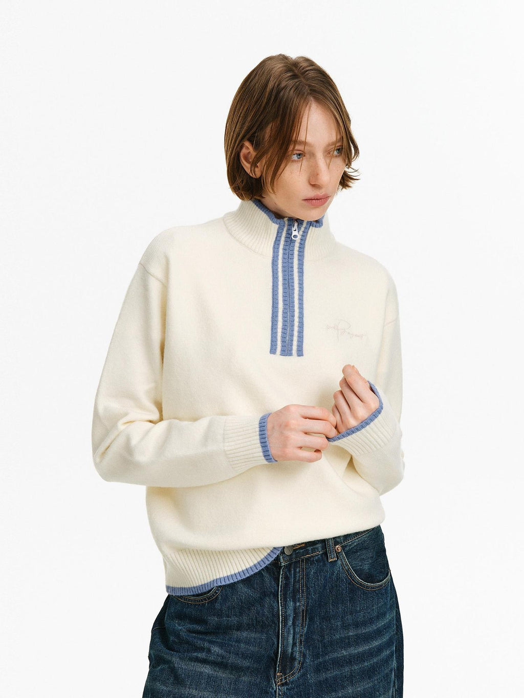 PCLP Soft Cooling Slim Fit Colorblock Embroidered High Neck Youth Casual Knit Sweater