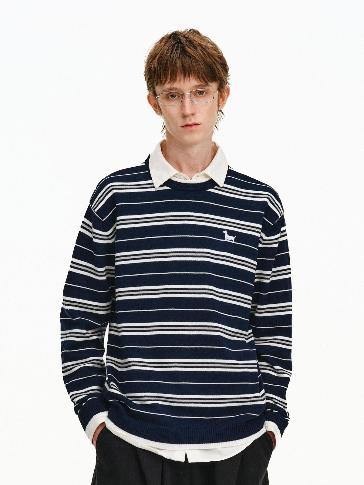 PCLP Soft Cotton Embroidered Loose Fit Crew Neck Striped Long Sleeve T-Shirt