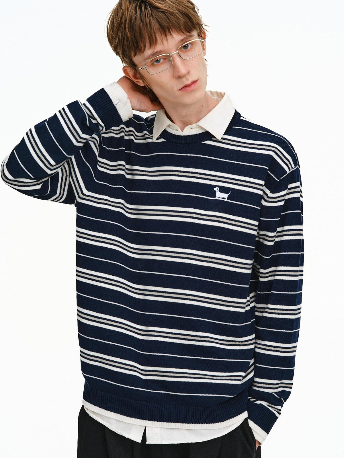 PCLP Soft Cotton Embroidered Loose Fit Crew Neck Striped Long Sleeve T-Shirt