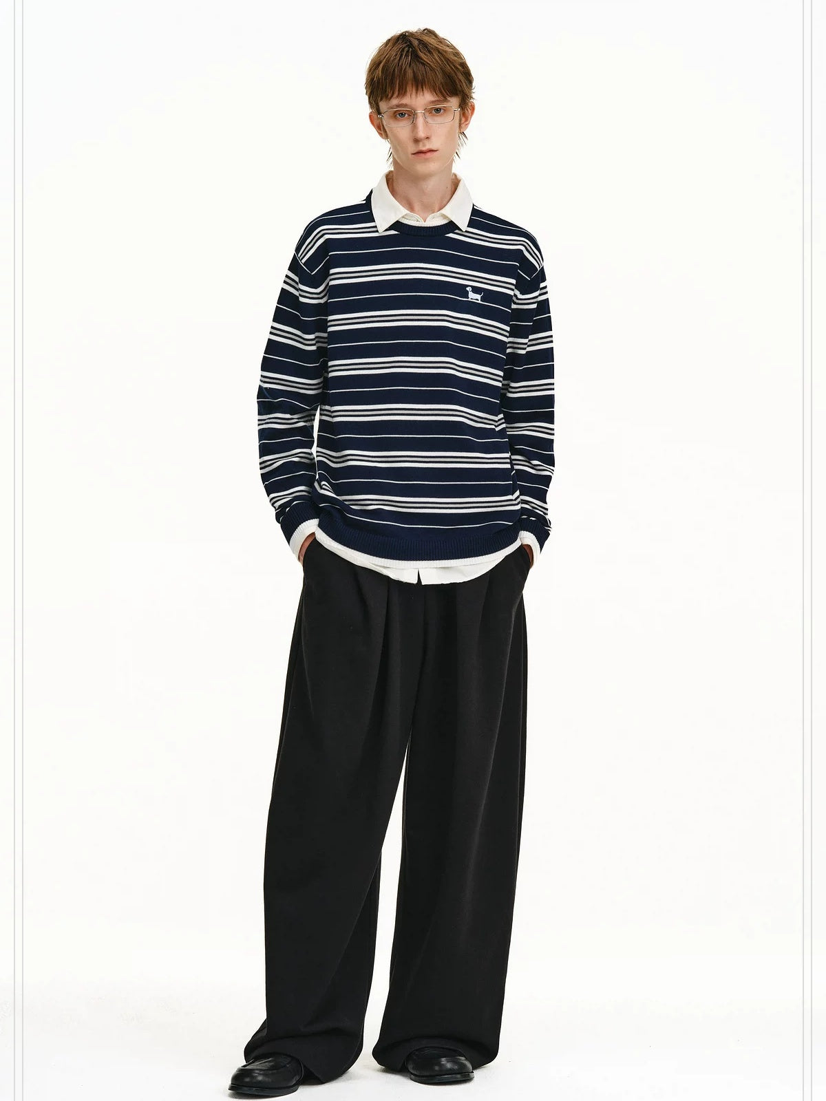 PCLP Soft Cotton Embroidered Loose Fit Crew Neck Striped Long Sleeve T-Shirt