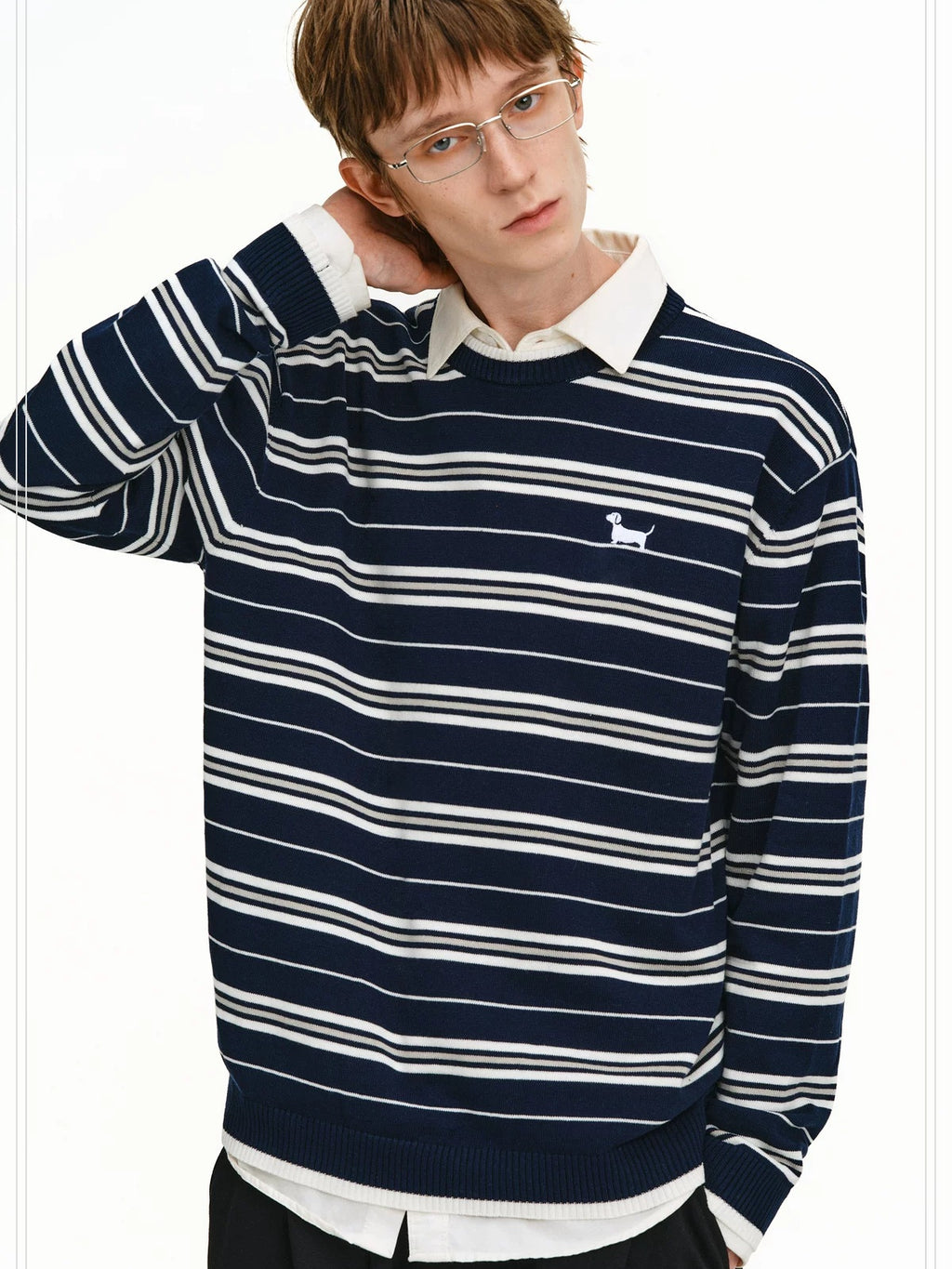 PCLP Soft Cotton Embroidered Loose Fit Crew Neck Striped Long Sleeve T-Shirt