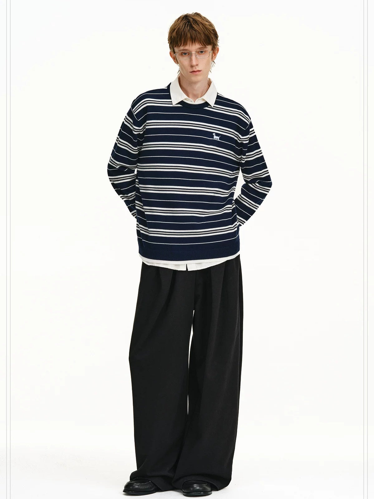 PCLP Soft Cotton Embroidered Loose Fit Crew Neck Striped Long Sleeve T-Shirt