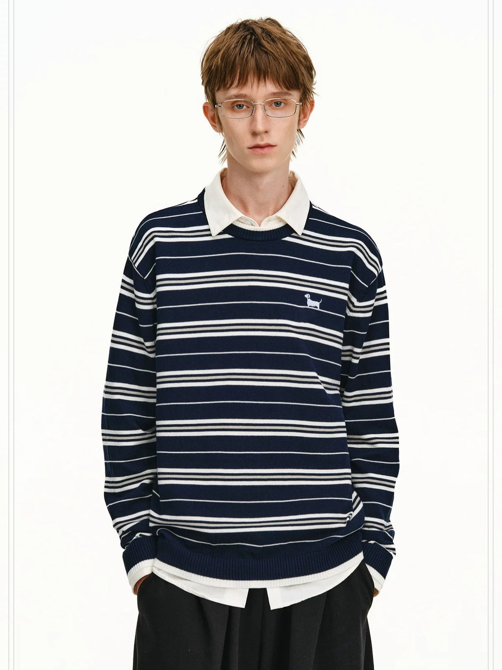 PCLP Soft Cotton Embroidered Loose Fit Crew Neck Striped Long Sleeve T-Shirt