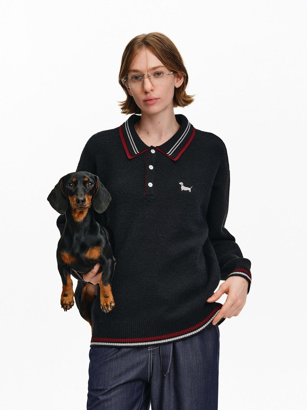 PCLP Soft Slim Colorblock Polo Button Long Sleeve Unisex Warm Animal Casual Top