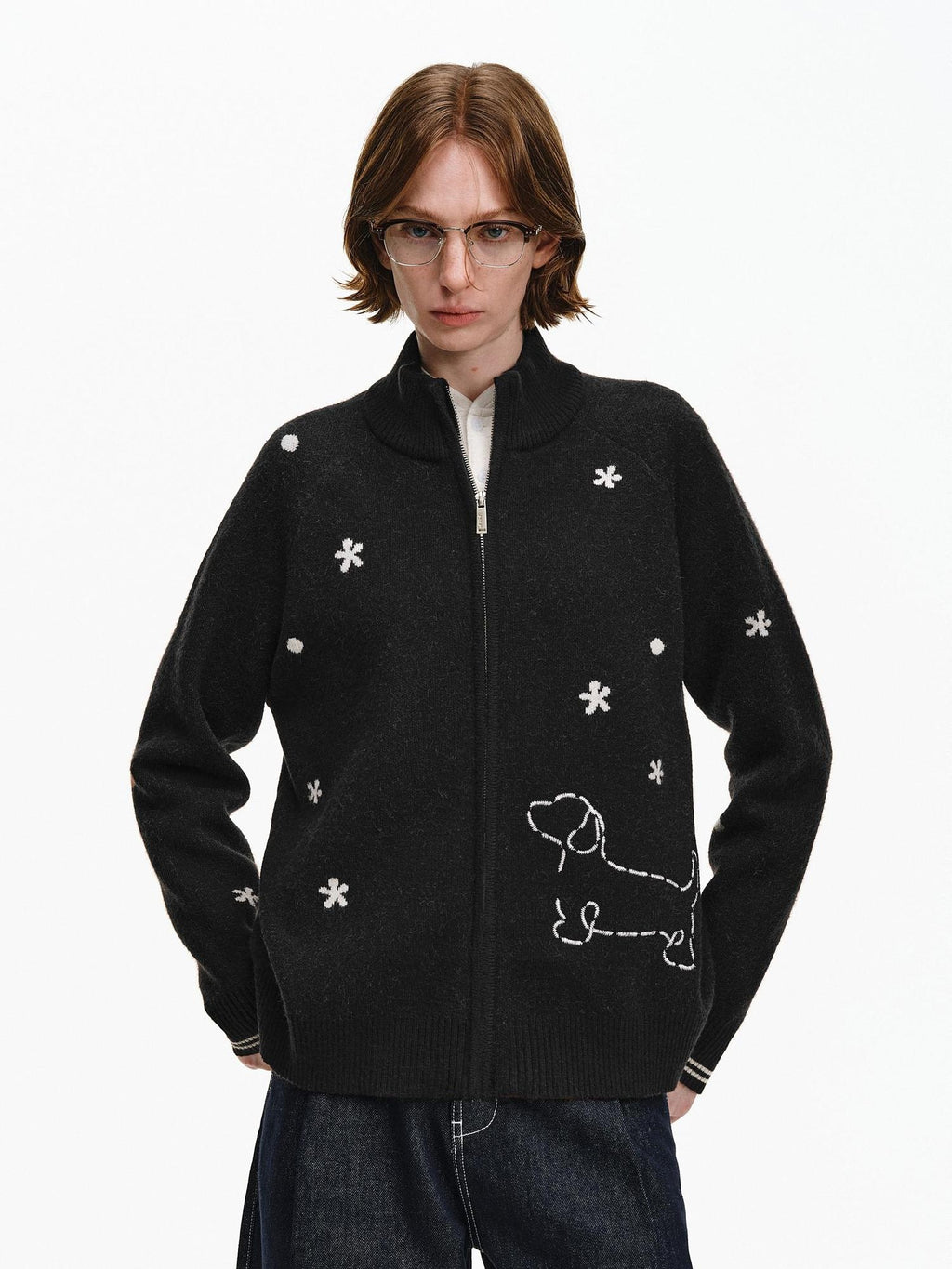 PCLP Soft Warm Zip Cardigan Loose Fit Half High Neck Unisex Animal Pattern Sweater