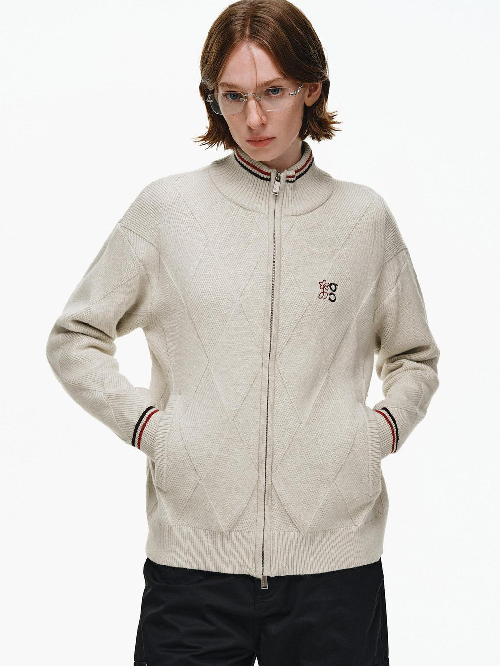 PCLP Soft Zip Colorblock Embroidered Straight Midlength Unisex Knit Halfneck Sweater