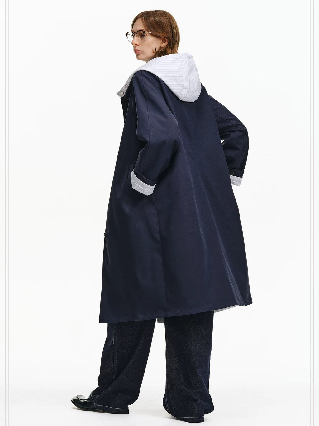 PCLP Trendy Youthful Long Hooded Single Breasted Navy Casual Women Jacket