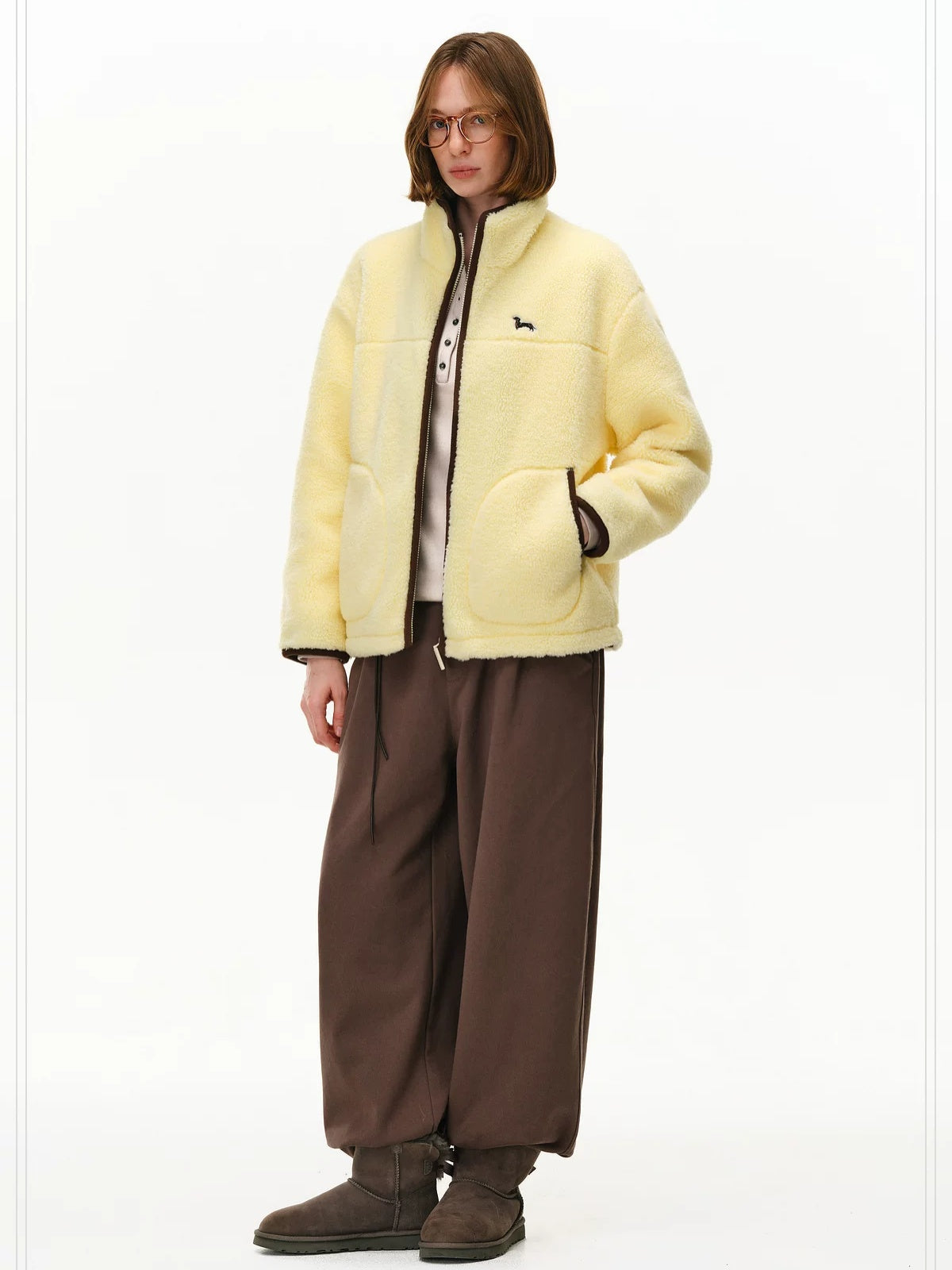 PCLP Warm Cropped High Waist High Collar Unisex Animal Print Yellow Puffer Jacket
