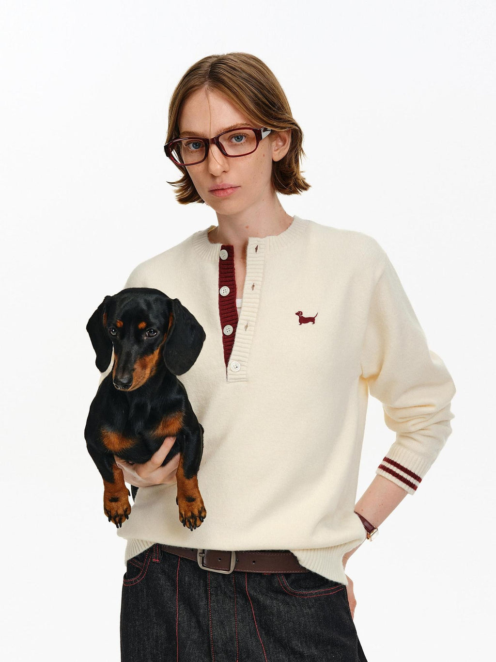 PCLP Warm Embroidered Patchwork Slim Henley Unisex Animal Print Sweater