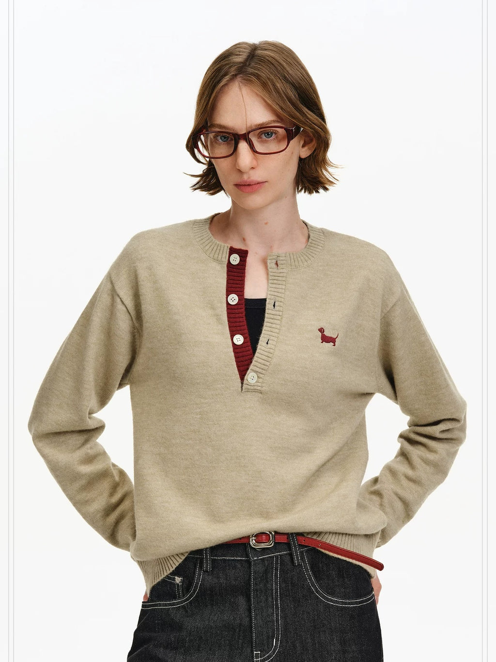 PCLP Warm Embroidered Patchwork Slim Henley Unisex Animal Print Sweater