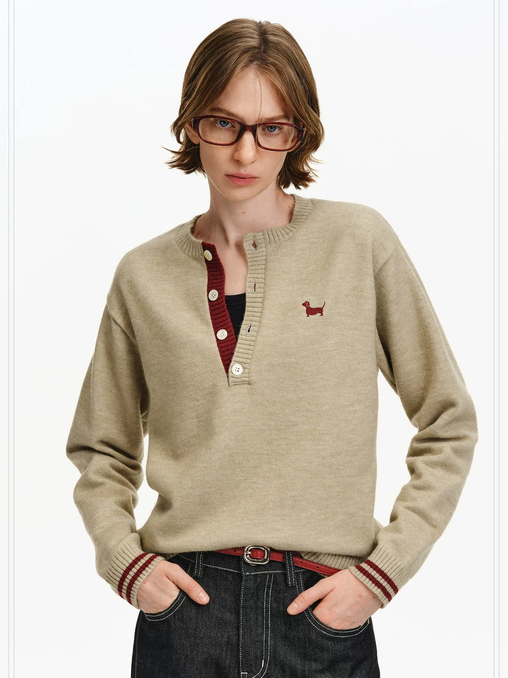 PCLP Warm Embroidered Patchwork Slim Henley Unisex Animal Print Sweater