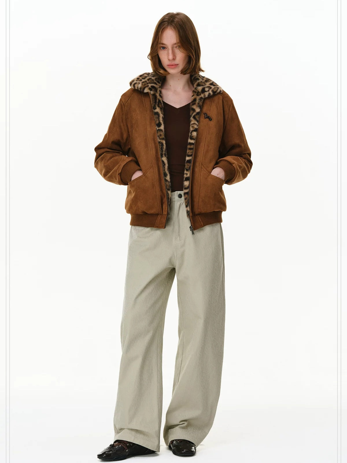 PCLP Warm Long Leopard Print Zip Front Lapel Unisex Everyday Polyester Jacket