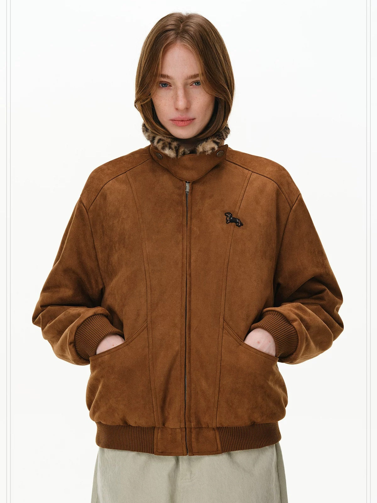 PCLP Warm Long Leopard Print Zip Front Lapel Unisex Everyday Polyester Jacket