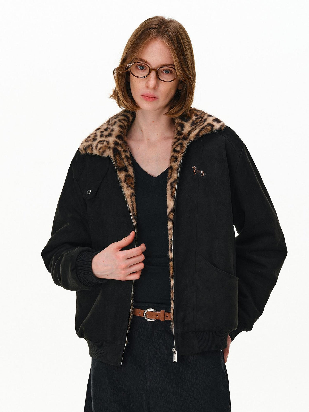 PCLP Warm Long Leopard Print Zip Front Lapel Unisex Everyday Polyester Jacket