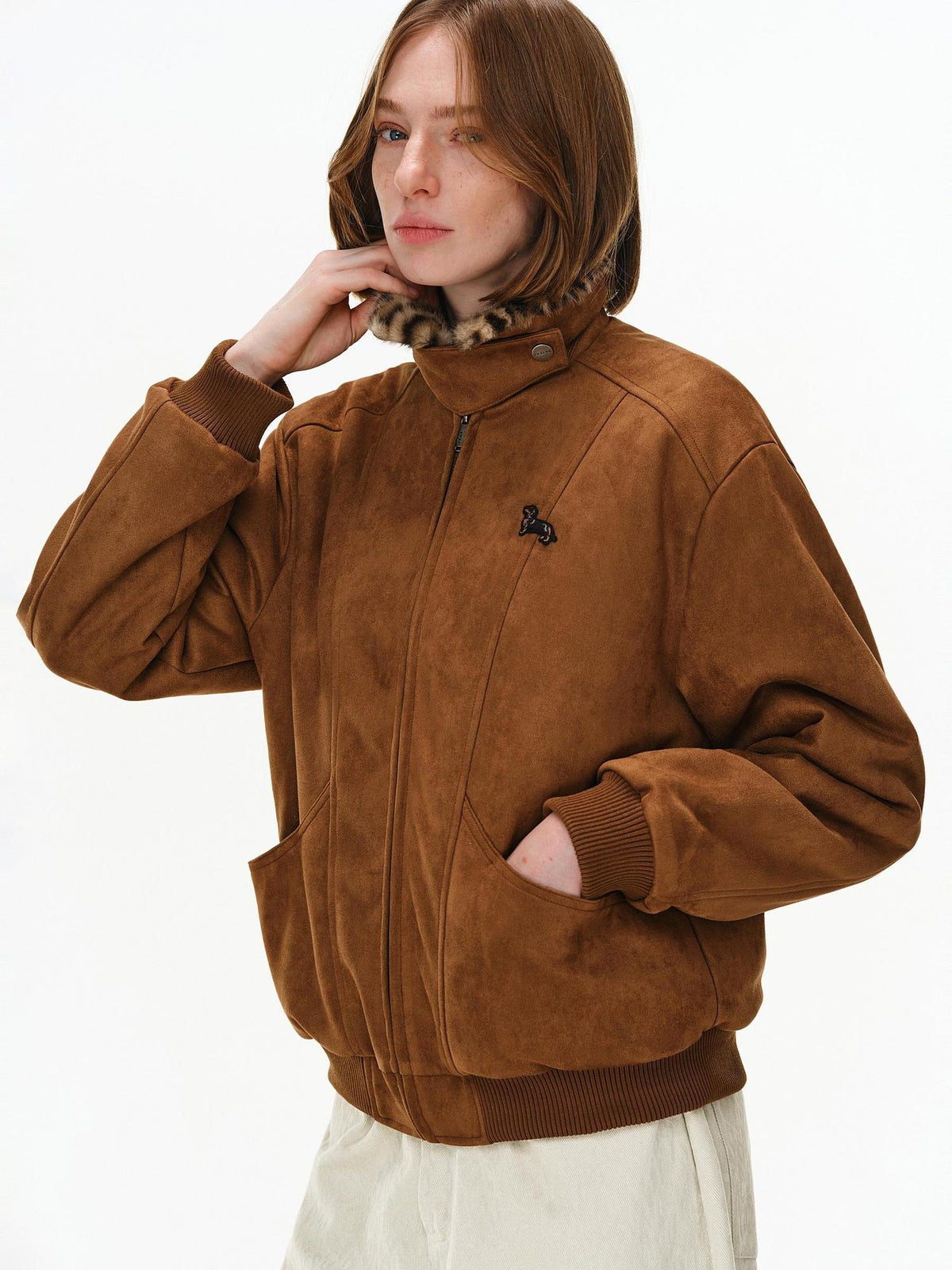 PCLP Warm Long Leopard Print Zip Front Lapel Unisex Everyday Polyester Jacket