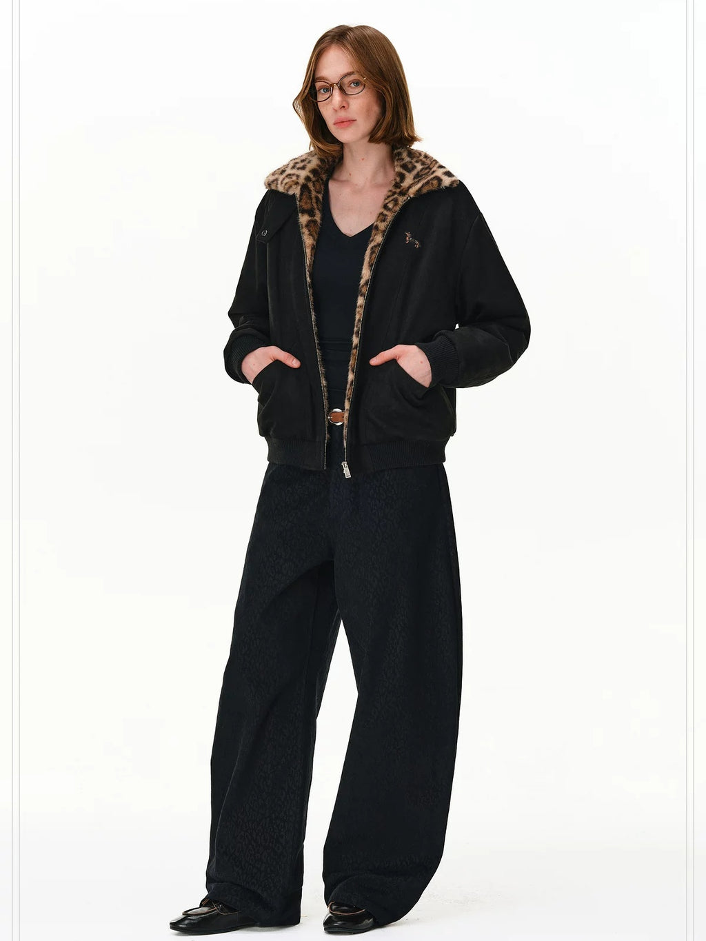 PCLP Warm Long Leopard Print Zip Front Lapel Unisex Everyday Polyester Jacket