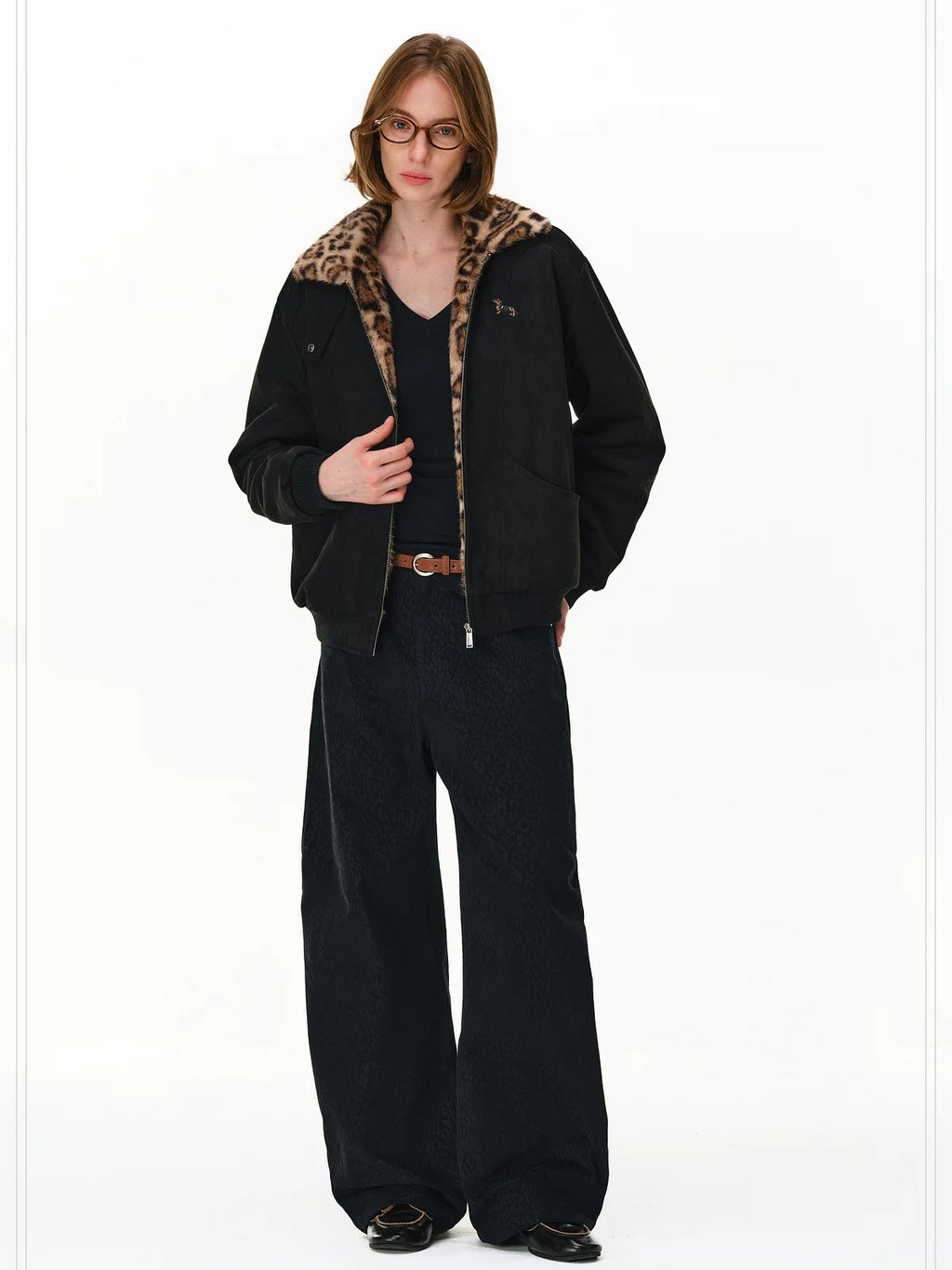 PCLP Warm Long Leopard Print Zip Front Lapel Unisex Everyday Polyester Jacket