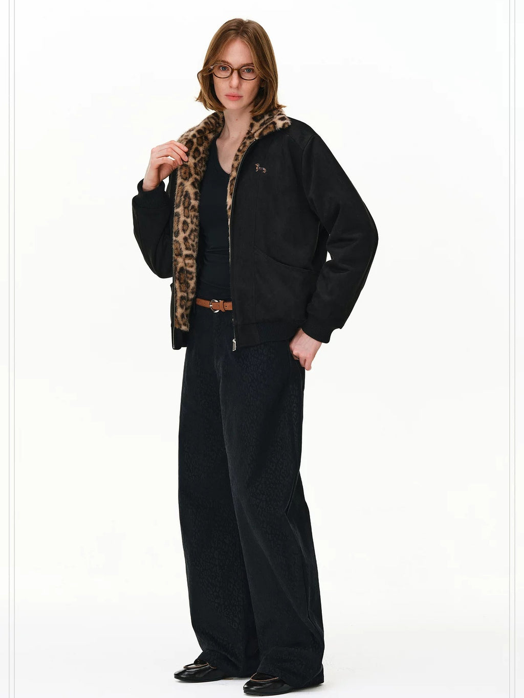 PCLP Warm Long Leopard Print Zip Front Lapel Unisex Everyday Polyester Jacket