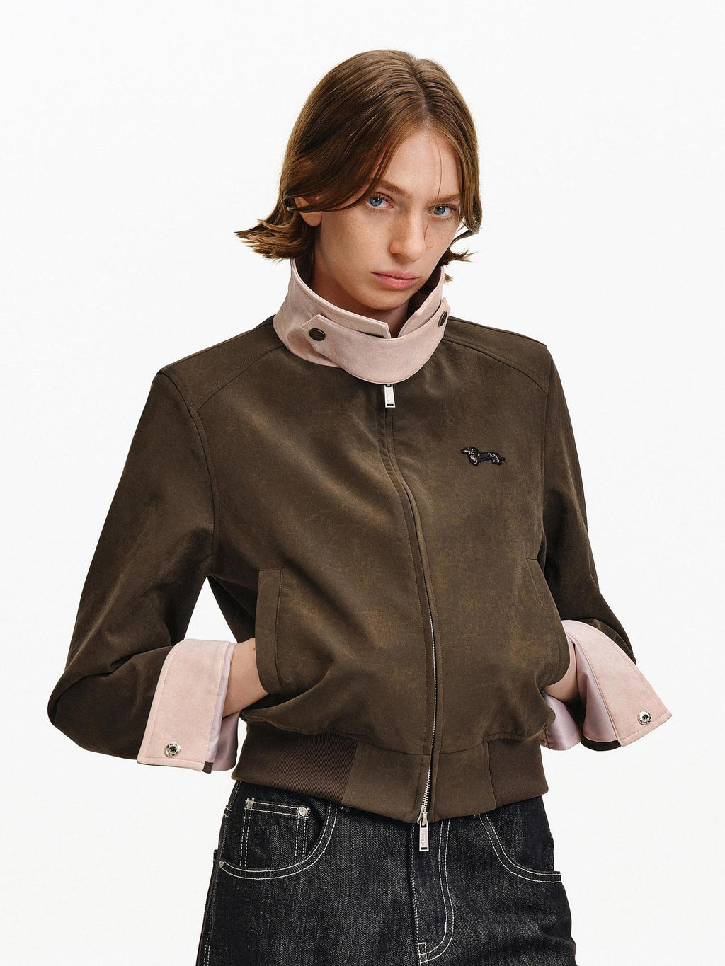PCLP Windproof Slim Patchwork Animal Print Cropped Unisex Polyester Jacket