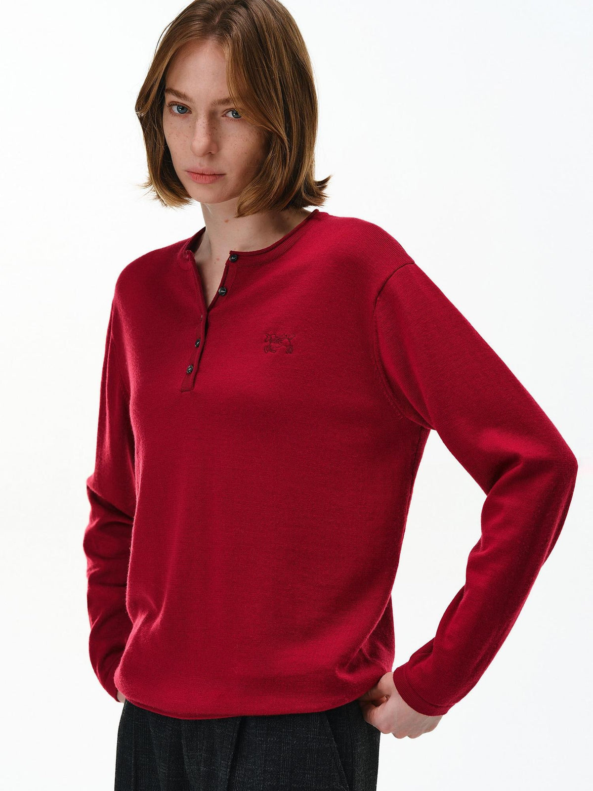 PCLP Wool Blend Henley Neck Button Placket Unisex Everyday Long Sleeve Casual Top