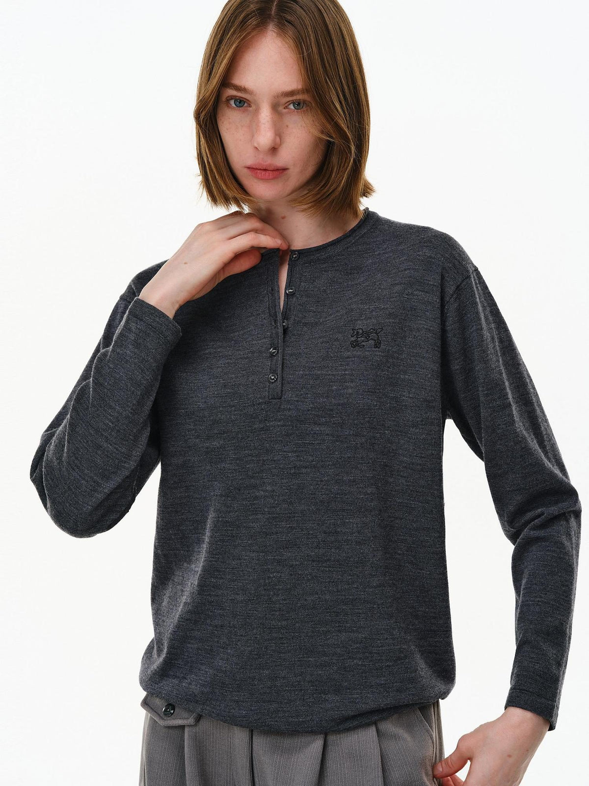 PCLP Wool Blend Henley Neck Button Placket Unisex Everyday Long Sleeve Casual Top