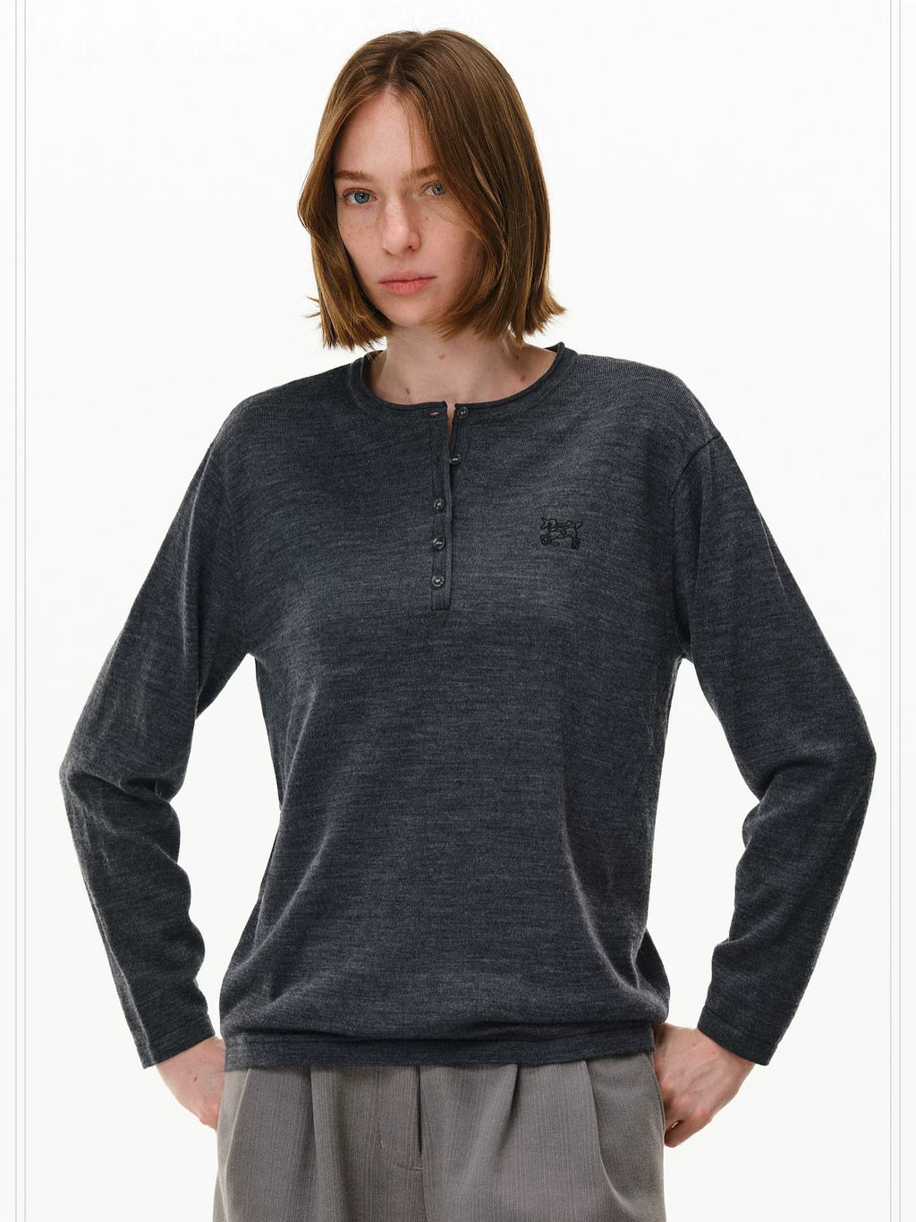 PCLP Wool Blend Henley Neck Button Placket Unisex Everyday Long Sleeve Casual Top