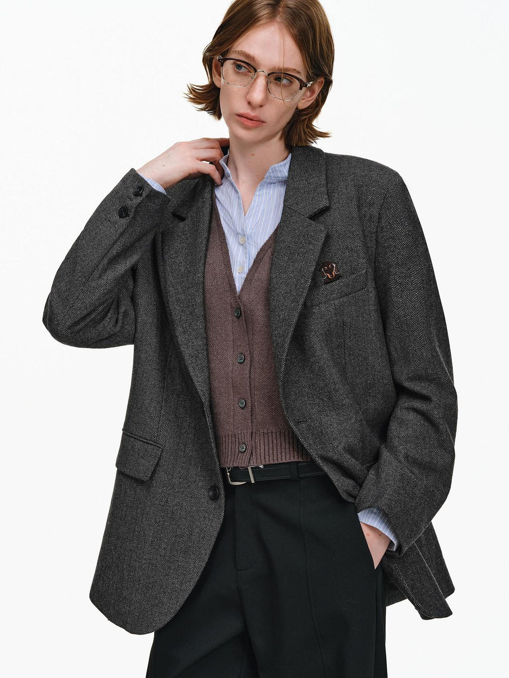 PCLP Wool Blend Midlength Loose Fit Notch Lapel Button Detail Women Dark Gray Jacket