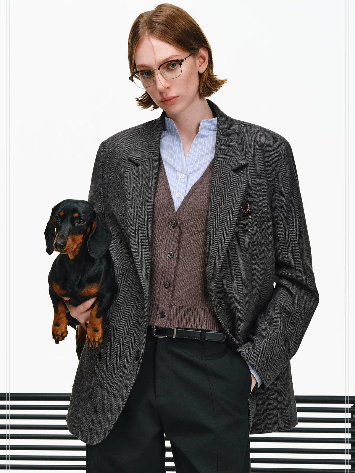PCLP Wool Blend Midlength Loose Fit Notch Lapel Button Detail Women Dark Gray Jacket
