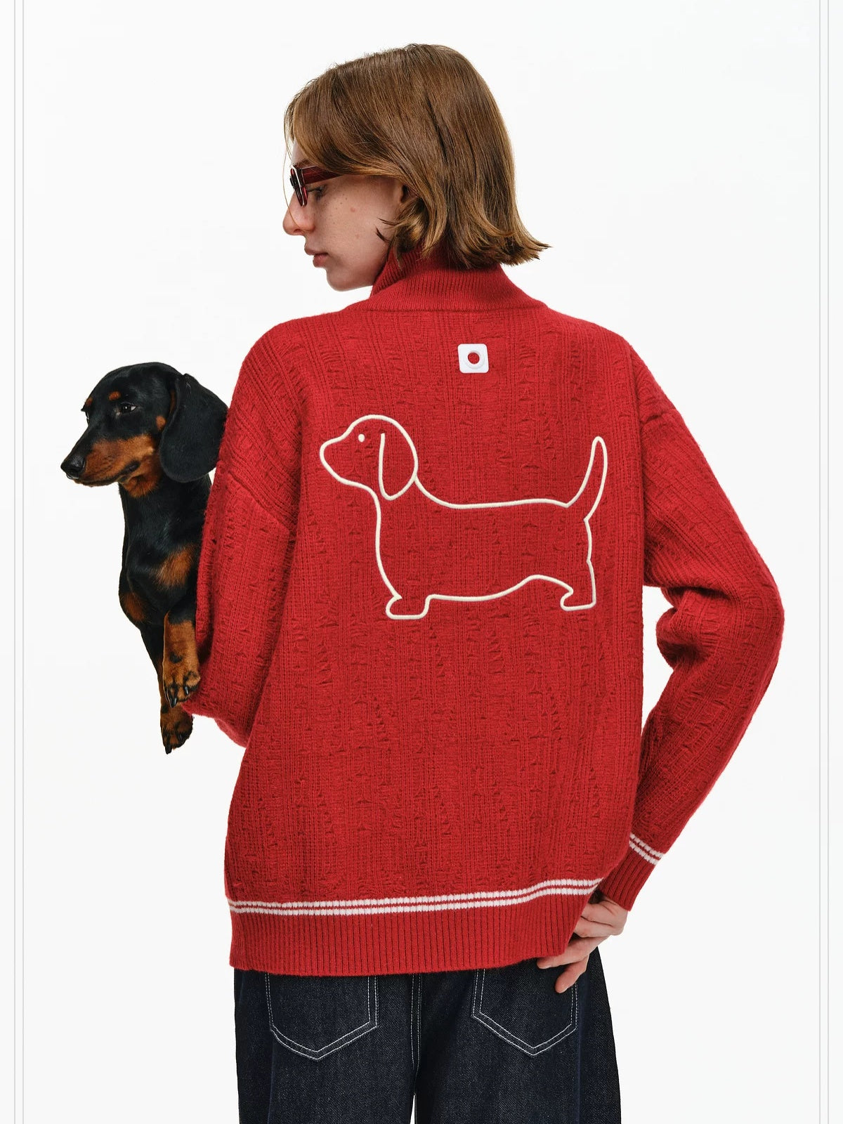 PCLP Zipper Front Colorblock Embroidered Loose Midlength High Neck Unisex Sweater