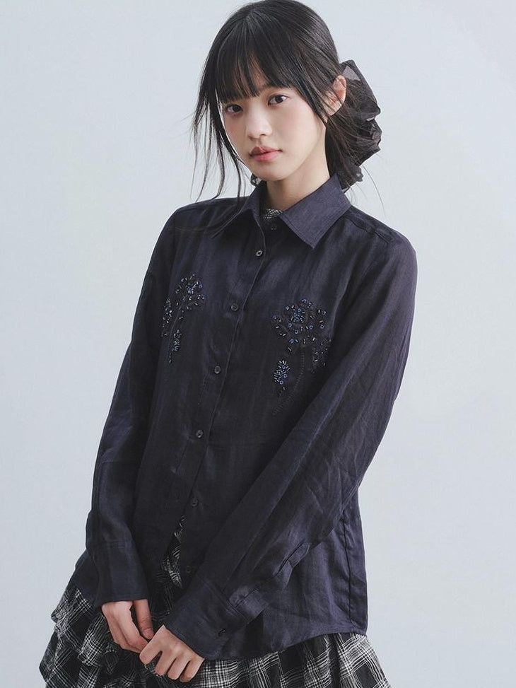 DDGIRL studio Breathable Shape Retaining Ramie Beaded Embroidered Fitted Commuter Women Shirts
