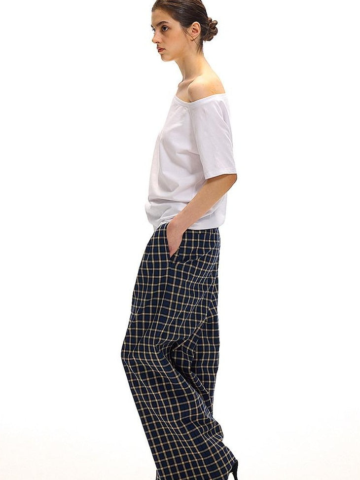 Country Moment Versatile Minimal Indigo Check Cotton Natural Waist Straight Wide Leg Pants