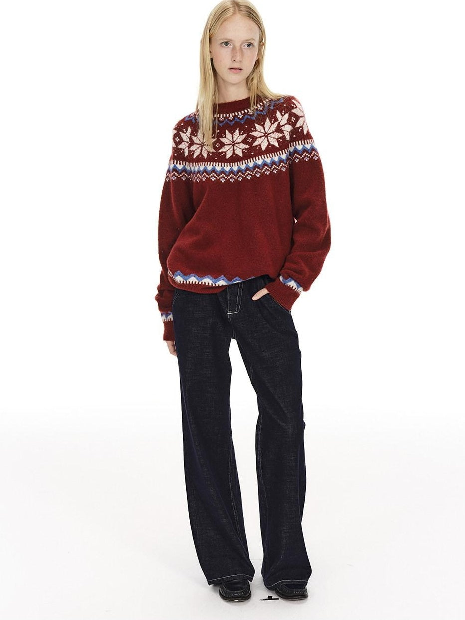 Country Moment Cozy Warm Oversized Snowflake Crewneck Unisex Red Wool Blend Pullover Sweaters