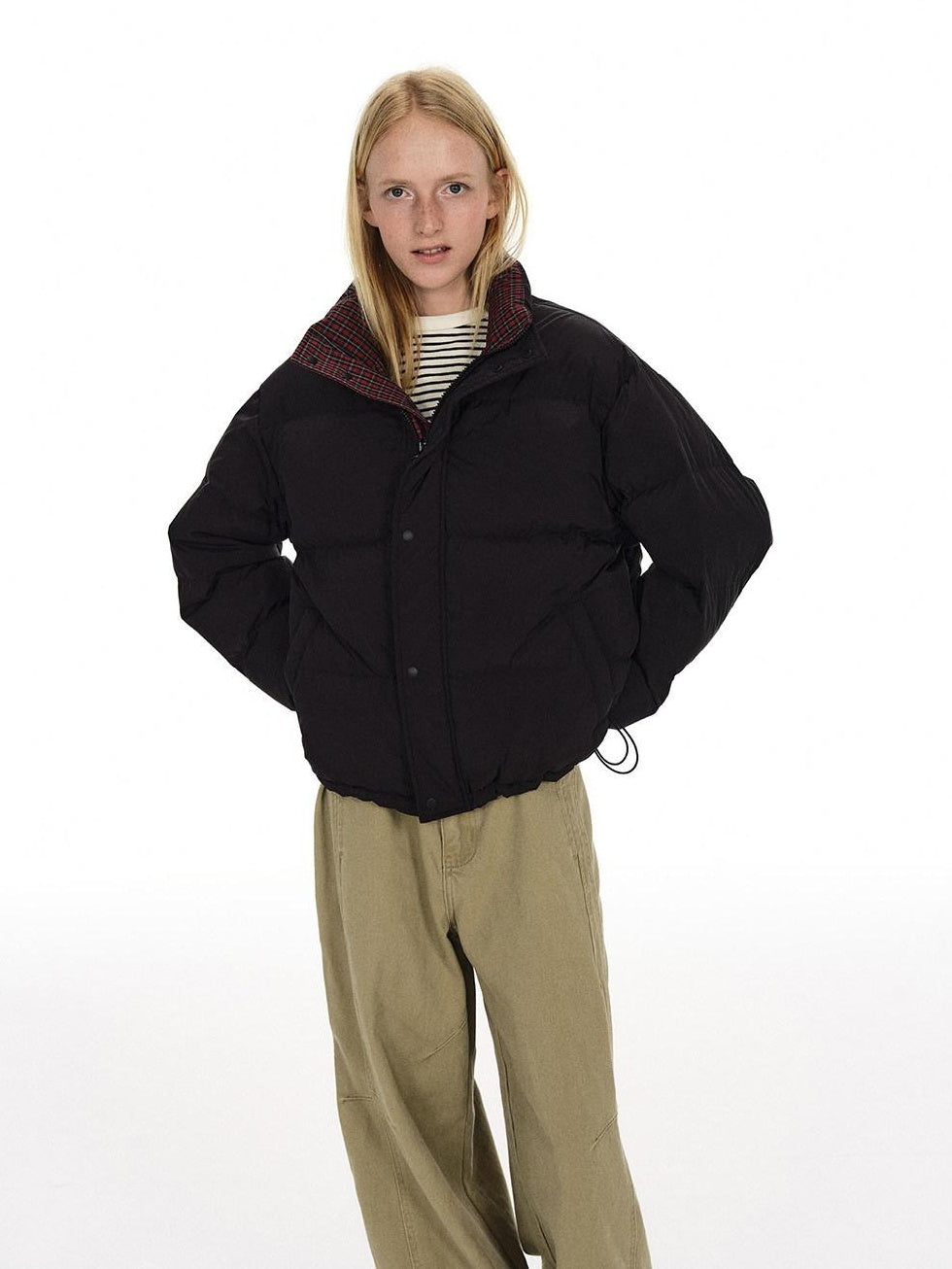 Country Moment High Fill White Duck Reversible Plaid Loose Fit Unisex Cotton Zip Down Jackets