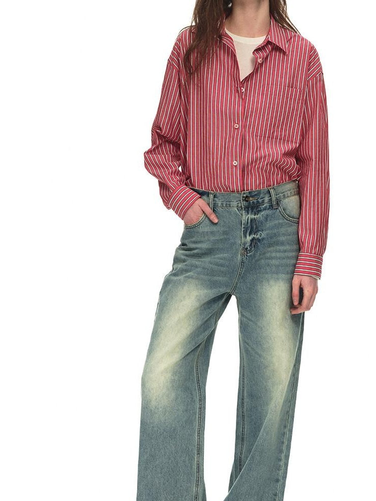 Country Moment 100% Cotton Vintage Oversized Red Stripe Button Long Sleeve Women Shirts