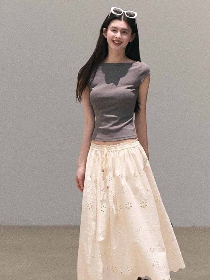 7 OAKMOO Cotton Lined Embroidered A Line Ruffle Elastic Mid Waist Women Maxi Skirts