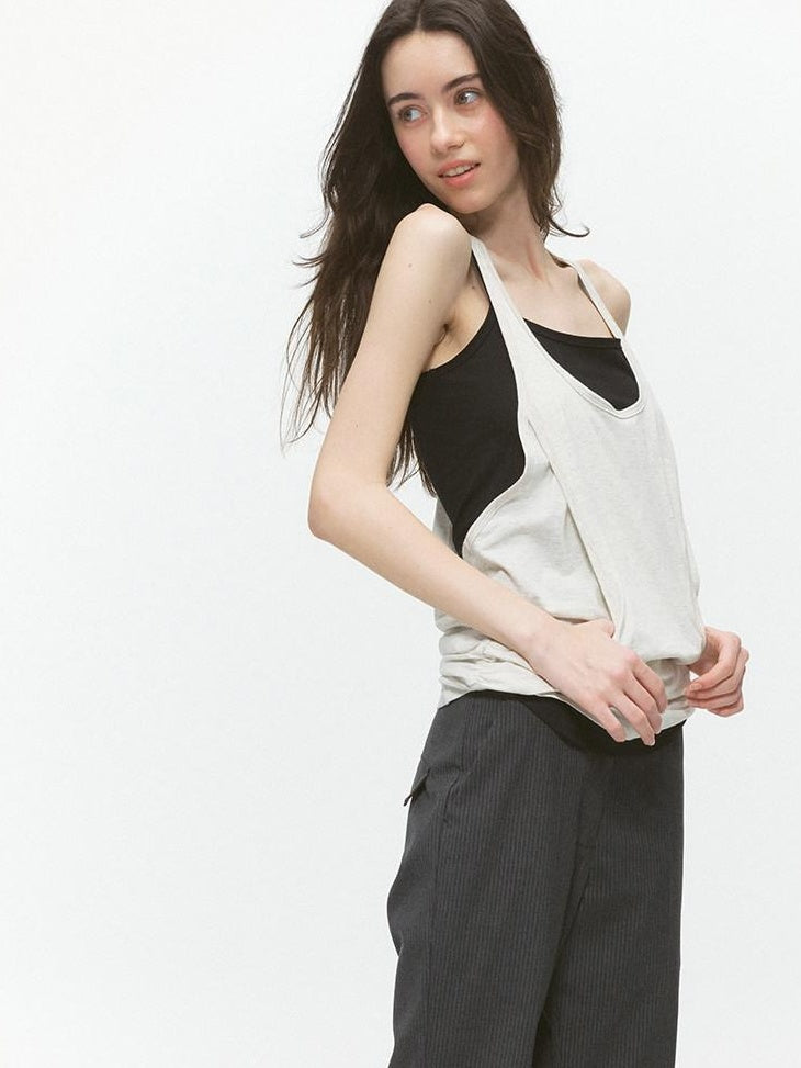 Country Moment Xinjiang Cotton Patchwork Straight Fit Two Piece Cami Set Women Grey Tank Tops