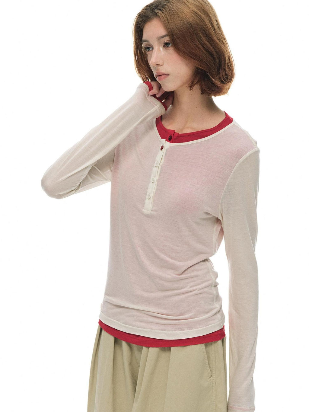 Country Moment Cooling Breathable Lyocell Slim Fit Contrast Henley Women Long Sleeve T-Shirts