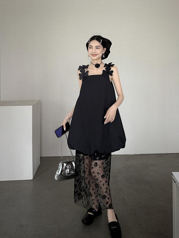 DDGIRL studio Washed Cotton Nylon Blend Strappy A Line Loose Waist Commuter Black Midi Dresses