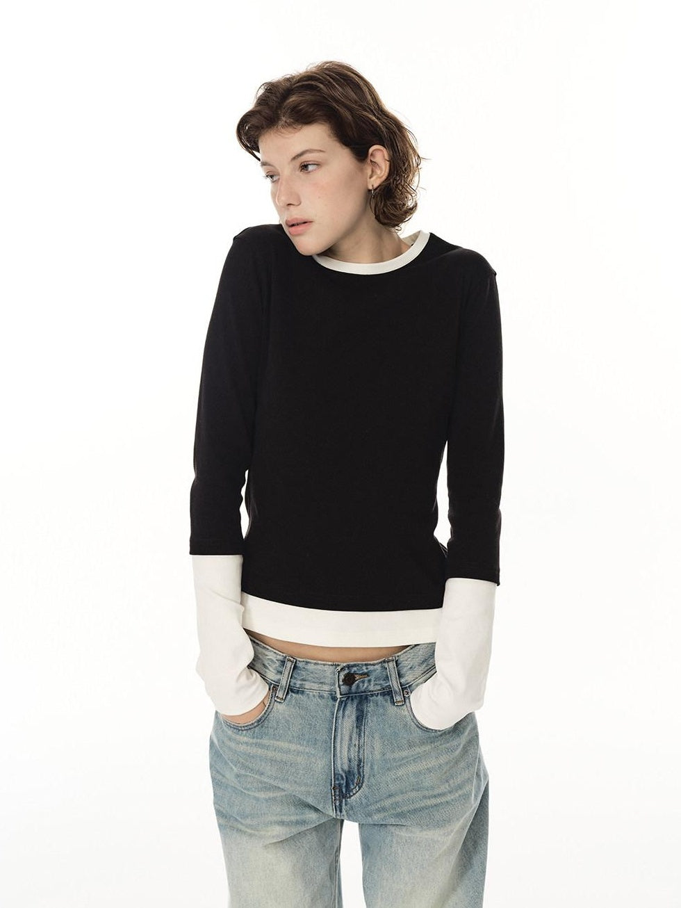 Country Moment Breathable Cotton Colorblock Slim Fit Women Crew Neck Long Sleeve T-Shirts