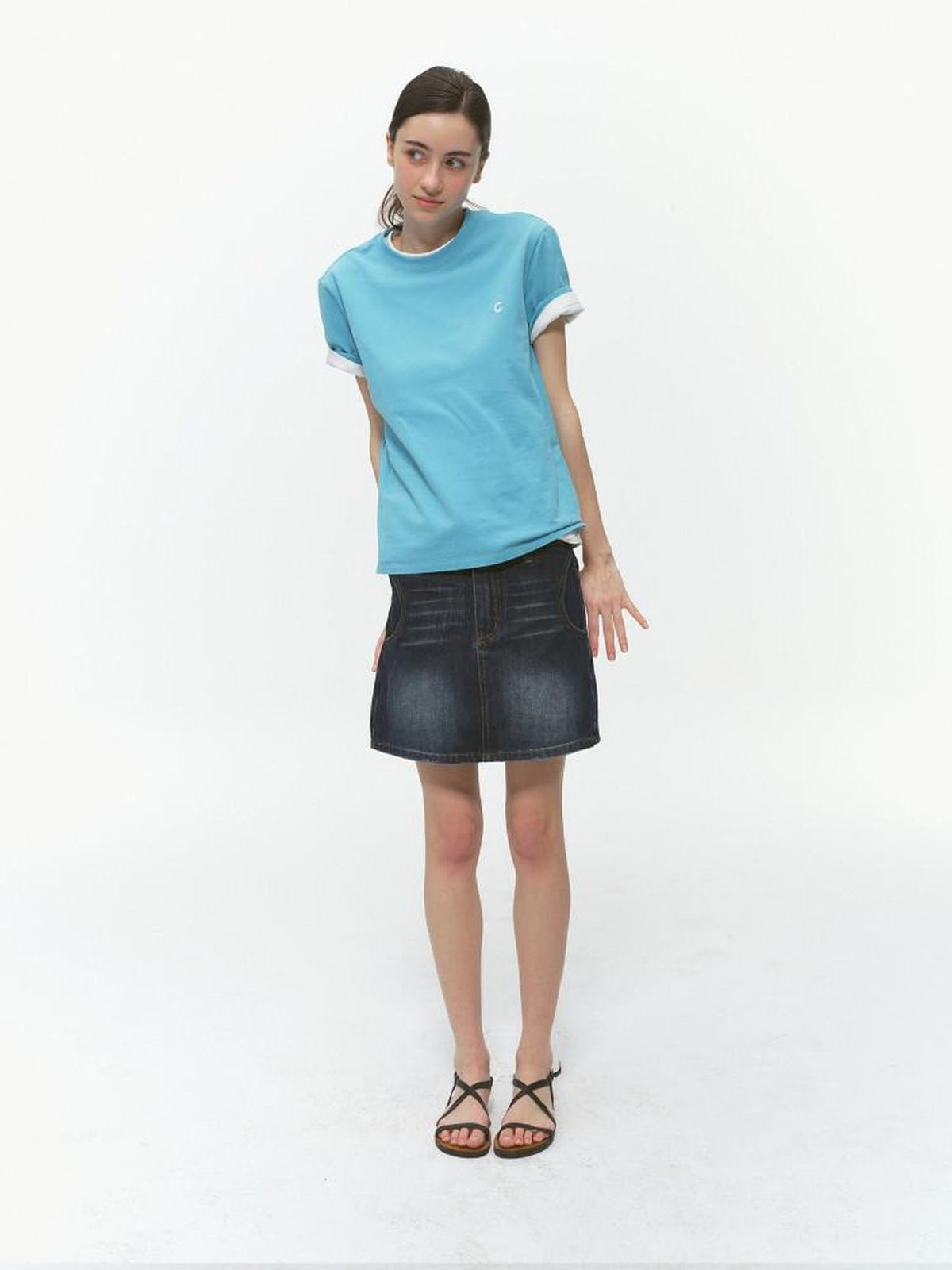 Country Moment Breathable Cotton Blend Vintage Office A Line Solid Blue Black Mini Skirts