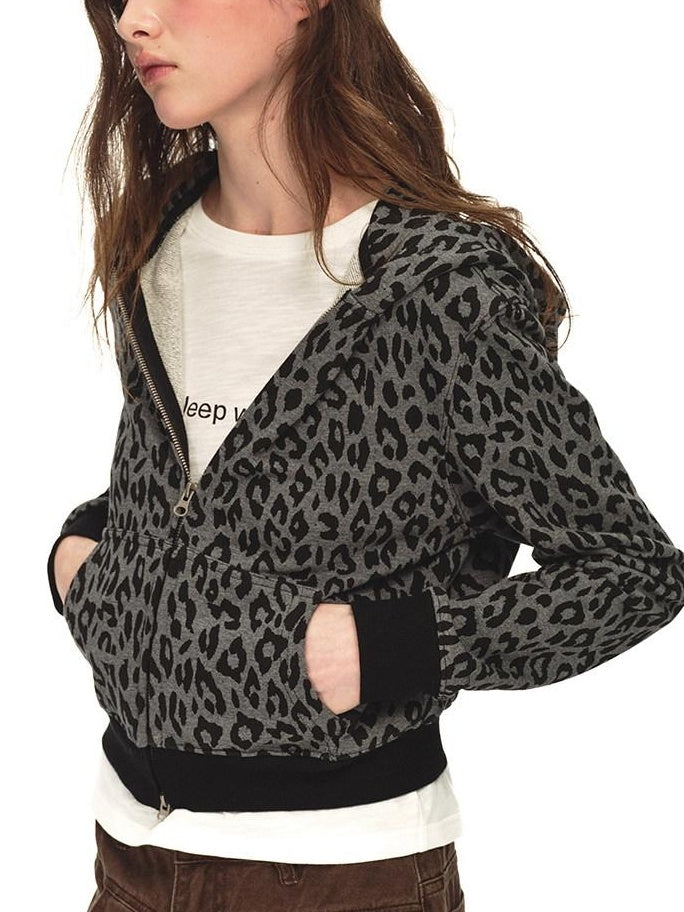 Country Moment 100% Cotton Loose Zip Crop Hooded Leopard Print Women Black Grey Hoodie