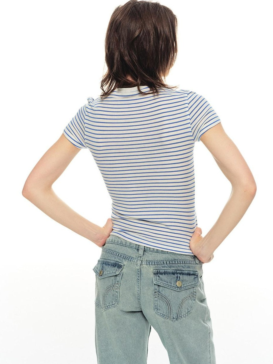 Country Moment Lyocell Wool Blend Striped Slim Fit Women Navy Casual Short Sleeve T-Shirts