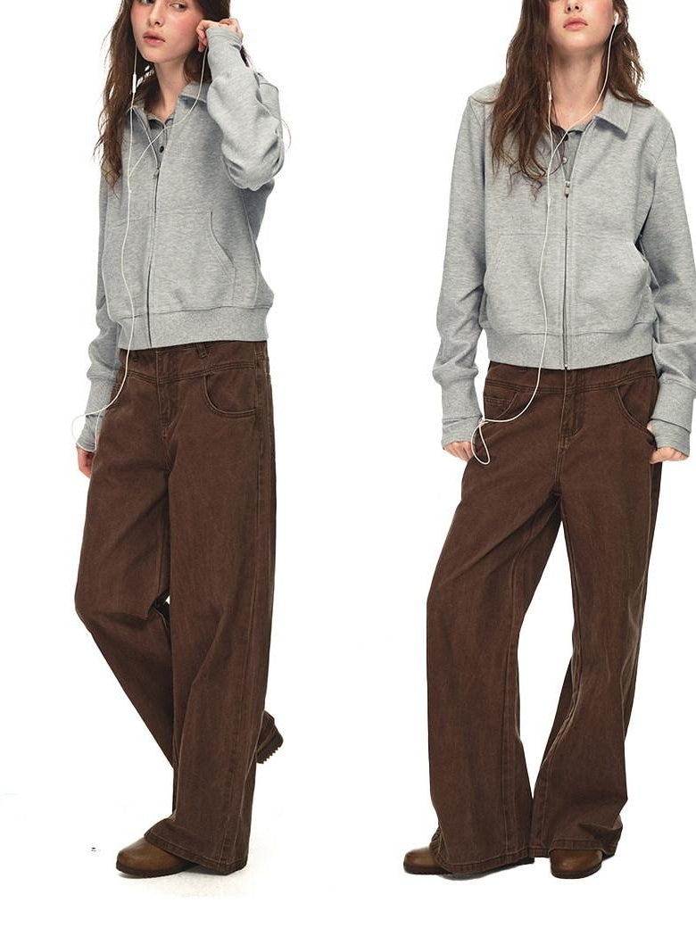 Country Moment Breathable Cotton Blend Stretch Cropped Zip Cardigan Casual Men Grey Sweatshirt
