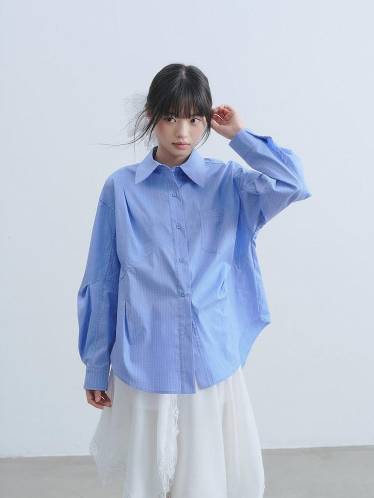 DDGIRL studio Breathable Cotton Blend Loose Patchwork Geometric Button Long Sleeve Shirts
